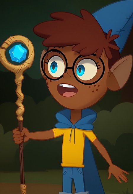 score_9, score_8_up, score_7_up, solo, 1girl, black glasses, reddish-brown hair, blue eyes, brown skin, freckles, , tiny_breast, outdoors, forest background, yellow wizard outfit,  holding magic staff, , perfect hands, glowing eyes, messy, blue cap, blue cloke,  dark blue jeans, and blue boots with brown trim , show accurate, perfect hands, perfect anatomy,