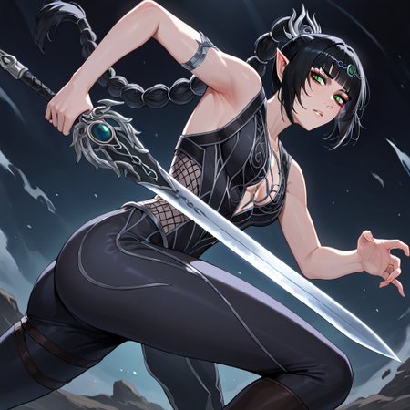 masterpiece, best quality, newest, absurdres, highres, DPWSV1.0, dynamic pose, holding sword, holding, holding weapon, weapon, sword,
1girl, shadowheart \(baldur's gate\), long braid, elf, pointy ears, black hair, braid, side bangs, green eyes,
