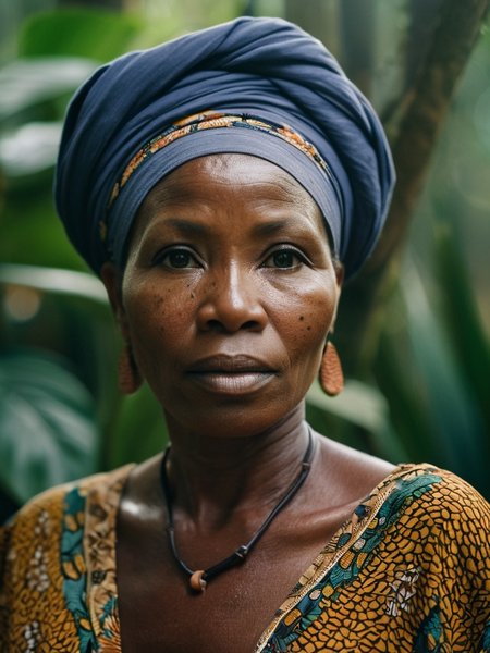 a 45yr old Yoruba women, (morning|tropical forest) background, RAW photo, editorial photograph, film stock photograph, cinematic, (afraid), Intricate, Freckles, soft focus. 8k, highly detailed, detailed skin texture, natural skin texture, detailed cloth texture, perfect eyes, detailed eyes, (high quality, best quality:1.3), Extremely high-resolution, amateur photo, Fujifilm Superia Premium 400, Nikon D850 film stock photograph Kodak Portra 400 camera f1.6 lens, 8k, UHD