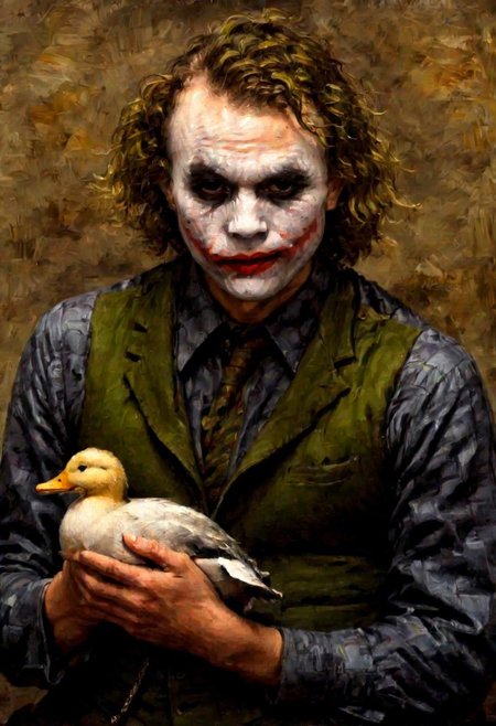 r3mbr4ndt, PEJoker, (old dark sharp fuzzy oil painting medium brush strokes:1.1) portrait of (The Joker:1.5), (holding a duck:1.5), green hair, rich textures, realistic facial expression, high detail, moody, vintage, brush strokes, oil paint, old canvas texture, Rembrandt Lighting Style