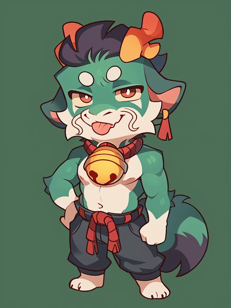 score_9, score_8_up, score_7_up, high quality, hires, male, solo, anthro, furry, topless, smug, tongue, chibi, looking at viewer, bell, full body, <lora:Greene:1>