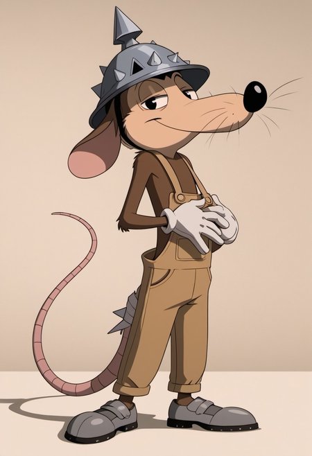 score_9, score_7_up, (masterpiece, extremely detailed, source_photo), solo focus, male, Werner Werman, mouse, anthropomorphic mouse, black eyes, brown fur, whiskers, pointy nose, spiked helmet, rat tail, light brown overalls, lederhosen, grey footwear, grey shoes, perfect hands, white gloves, gloves, full-length portrait, skinny, petite, smile, half-closed eyes, smug, looking at viewer, flirty, sexy pose, photorealistic, pattern background, shadow, shading, realistic, bandaged tail