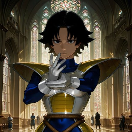 realism, 
framing device, rule of third, negative space, detailed. 
dynamic pose, foreshortening, extreme perspective 
cinematic concept art of 
1 adult man, 
upper body focus, upper body zoom, 
(The Phantom of the Opera style,), (intricate white plain mask covers (one side of the face):0.8), (second side of face is that of adult fair-skinned man:0.9), black hair,
(dramatic lighting and shadows:0.8)
(wears blacktop hat:0.8), 
wearing 
(white saiyan armor, shoulder pads, blue leotard,, white gloves,, white boots,, hip armor,, tailbelt,:0.9)
 facing the viewer, 
backdrop is stained glass, church, arch,