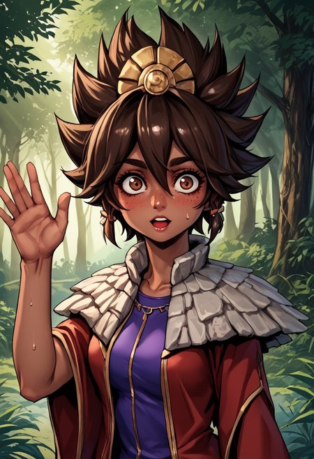 score_9, score_8_up, score_7_up, score_6_up, score_5_up, score_4_up, score_9, score_8_up, score_7_up, detailed, intricate details, chromatic aberration,  veins source_anime, , (best quality) , (highly detailed) ,((masterpiece)), ((best quality)), (ultra-detailed), ((extremely detailed)), (high resolution), 4K, (8K), best quality, (beautiful), (dynamic lighting), (super detailed skin), sharp focus, (1_girl, solo focus),  score_9,score_8_up,score_7_up,anime coloring, big eyes BREAK source_anime,anime, TaliyahLoLXL, dark skin, tanned skin, Dark skin female, dark skined, freckles, brown eyes, brown hair, short hair, sidelocks, hair between eyes, hair ornament, spiked hair, medium breasts, stone capelet, cape, red jacket, purple dress, solo,  front view, solo focus, wide eyed, panicked, panic, waving arms, mouth open, blushing, scared, frightened, suprised, sweating, bewildered, hands up, looking at viewer, forest, tree <lora:TaliyahLoLXL:0.9>
(Upper body, portrait) , phantom_ix_row_style, masterpiece, best quality, <lora:PhantomIxRowStyle:0.9>, "Closer to artist's style"