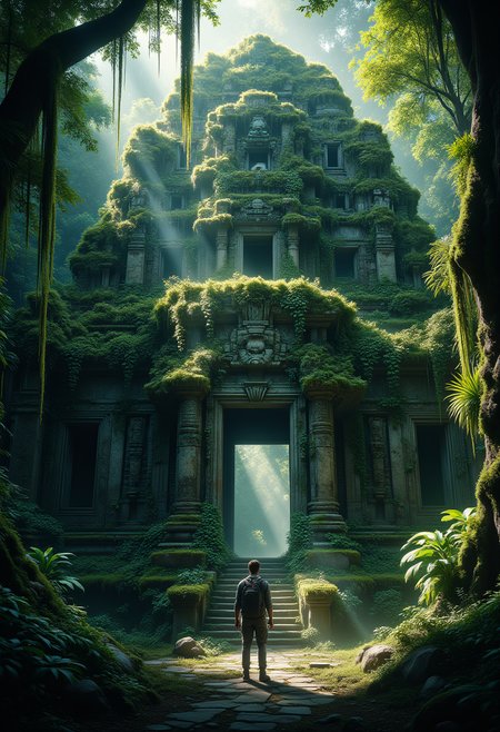 Overgrown Temple in the Jungle
An ancient stone temple hidden deep in the jungle, overrun with vines and moss. Shafts of sunlight pierce through the dense foliage, illuminating intricate carvings on the temple walls. A lone explorer stands at the entrance, their flashlight revealing the mysterious interior. ral-ovrgrwth, ral-ertmsphr, aidmaMJ6.1