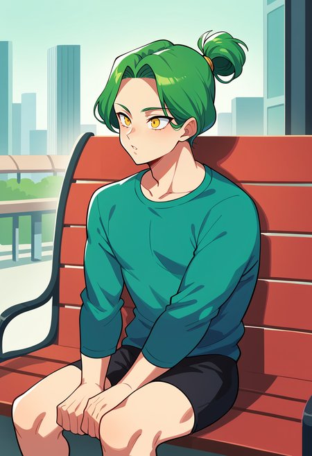 score_9,score_8_up,score_7_up,BREAK zarbon, 1boy,solo, green hair, yellow eyes, sitting, bench, city,hair knot, hair pulled back, chonmage, topknot,hair up,relaxing,hands on own legs, reclining     <lora:ZarbonPony:1>