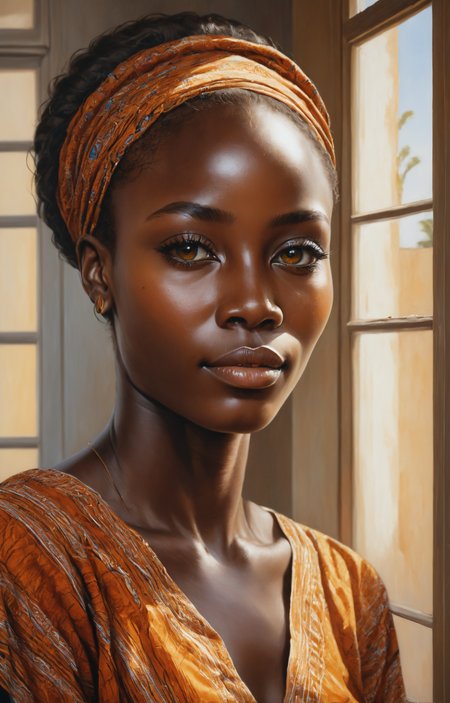 painting of a beautiful Guinean woman with a small smile by the window, (detailed eyes), <lora:PorcellanXL:1>