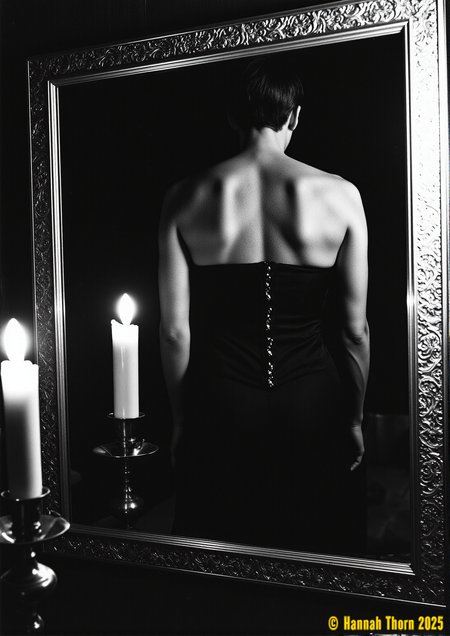 Generate a high-contrast black and white image in the style of Helmut Newton and Peter Lindbergh, reminiscent of a grainy, high-resolution film photograph.  The composition features a lit candle on an ornate candlestick in the left foreground, sharply in focus. To the right, an ornately framed mirror reflects the back of a person wearing a corset-like top, also sharply focused; their face is unseen. The background is a simple, out-of-focus wall, achieving a shallow depth of field.  Employ a dramatic chiaroscuro lighting technique with strong shadows and deep blacks, emphasizing the textures of the candle, candlestick, and ornate frame.  The overall aesthetic should evoke a sense of mystery and intrigue, utilizing a monochrome palette with a gritty, film-grain texture, capturing the detailed textures of the objects while maintaining a strong sense of depth and dimensionality.  The style should blend elements of Art Deco and German Expressionism for added visual impact. <lora:_Flux\_Photographer\Helmut_Newton-000001.safetensors:0.8:0.8>