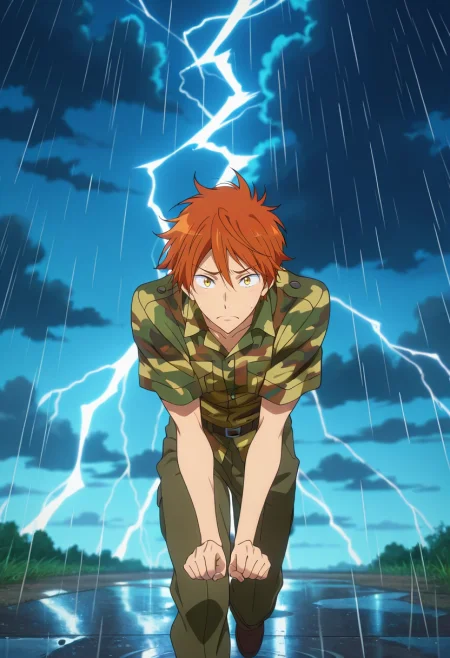 masterpiece, best quality, , anime screencap, anime coloring, official style, looking at viewer, 1boy, solo, male focus, <lora:momotarou_mikoshiba_ilxl:0.92>, momotarou_mikoshiba, orange hair, yellow eyes, rain, cloud, lightning, wind, puddle, dramatic lighting, thunder, stormy night, running pose, worried expression, Pleated trousers, Camouflage shirt, , ,