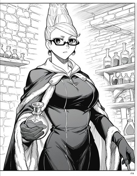 score_9, score_8_up, score_7_up, source_anime, <lora:seiko-ayase-manga-ponyxl-lora-nochekaiser:1>, seiko ayase, long hair, large breasts, monochrome, greyscale, earrings, glasses, hair bun, semi-rimless eyewear, under-rim eyewear,, <lora:wizard-ponyxl-lora-nochekaiser:1>, wizard, wizard hat, robe, dress, long sleeves, gloves,, indoors, bricks, potion, flask, vial,, cowboy shot,, , dutch angle, cowboy shot