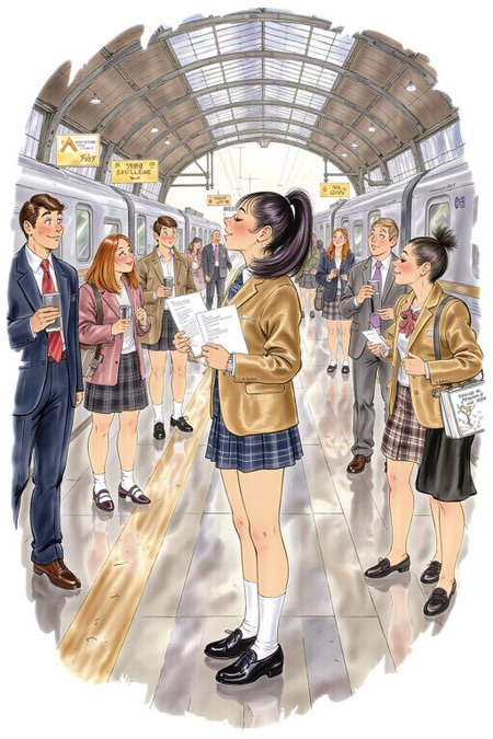 d0sn Illustration.
Profile of a high school student in uniform, white socks and black shoes, standing in the middle of a train station, holding two acceptance letters--one for a local college and the other for an overseas university. The station is bustling with people moving in every direction, while she stands still, eyes closed, taking a deep breath as she tries to decide which future to follow   <lora:d0sn_illus1_fl_d6a3:1.0> <lora:Flux-Sch-SingleBlocks-BF16:1.0><lora:803576969636778707:0>