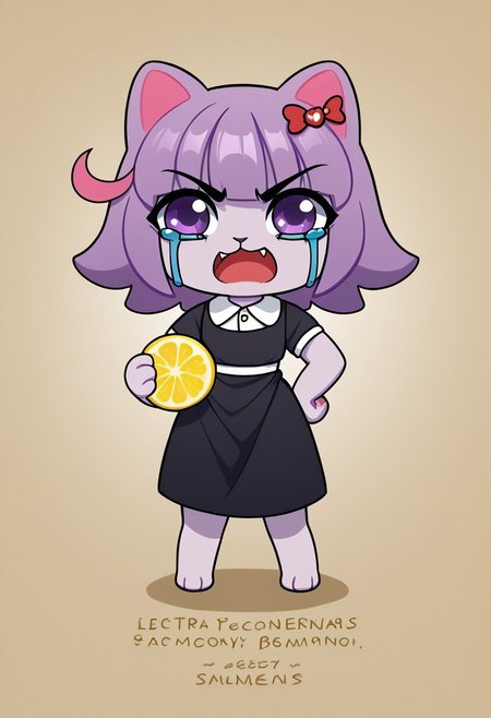 score_9, score_7_up, source_anime, masterpiece, best quality, detailed, perfect, perfection, aesthetic, absurd, detailed, Jo2n, wl_lemons,
illustration showing masunya holding lemon, masunya'sface is contorted in disgust, masunya screams,
1girl, full body, masunya, furry, cat ears, purple skin color, hair bow, (purple hair color:1.1), purple eyes, chibi,
black dress, white collar, bare feets, animal legs, 
holding, holding lemon, crying, screaming, grimace, (very detailed lemon-themed background)