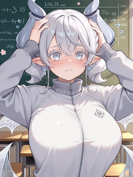 1girl,solo,demon girl,upper body,large breasts,looking at viewer,blush,closed mouth,floral background,heart earrings,hand up,sleeves past wrists,lovely labrynth of the silver castle,transparent demon wings,grey track jacket,math,thinking,classroom,indoors,hands on own head,@_@,tears,open mouth,skin fang,
masterpiece,best quality,amazing quality,very aesthetic,newest,<lora:Lovely labrynth of the silver castle illuXL v1:0.6>,white eyelashes,