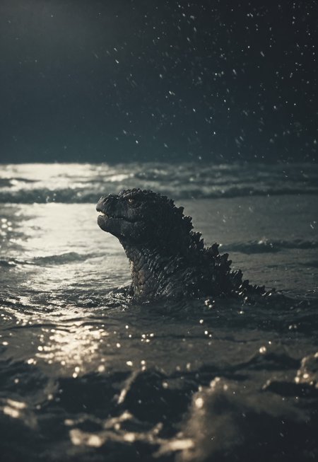 score_9, score_8_up, score_7_up, solo, portrait, giant dinosaur reptilian monster Godzilla, realistic scales, detailed scale texture, solo, outdoors, head surfacing from the ocean, partially submerged, wading through the water, solo, extremely detailed, Macro detailed realism style photograph, 3DMM