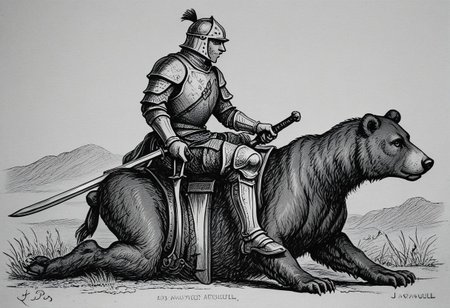 llbreton,monochrome,greyscale,traditional media,a knight holding a sword and riding a bear