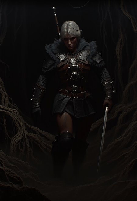 An atmospheric and powerful dark fantasy, natural organic and impressionist classical-style painting depicting C1R1W4TR, a fierce, muscular woman in medieval armor. The woman stands in a dimly lit, rugged forest setting, with dense, twisted tree roots and a misty, ethereal atmosphere. She has a pale complexion and long, white hair, styled in a messy, warrior-like manner. Her intense, focused expression suggests she is on high alert or in a state of readiness.
She wears a heavy, full-body armor with intricate, metallic designs on the shoulders and chest. The armor is primarily black, with metallic accents that reflect the limited light sources. Her lower body is partially visible, showing muscular legs clad in dark, leather-like material, and she holds a sword in her right hand, gripped tightly. The background is shrouded in darkness, with the mist and fog creating a mysterious, foreboding aura. The textures of the armor and the rugged terrain are meticulously detailed, enhancing the realism of the scene. The overall mood is tense and ominous, evoking a sense of adventure and danger in a fantasy or historical setting.