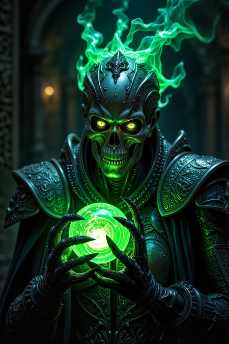 A hyper-realistic portrait, photorealistic photo close-up image of A close-up portrait of an elderly, female Necron Cryptek with no hair and metallic, tarnished silver skin. Her skeletal face is expressionless as she holds a pulsing, green energy core in her bony, claw-like hands. Sheâs in a dark, cavernous chamber deep within a Necron tomb, the walls covered in ancient hieroglyphs glowing with faint green light. Her body is adorned with ornate, ancient armor, the metal plates etched with symbols of power and death. A strange, translucent veil of green energy hovers over her head, shimmering like a ghostly crown. The energy core pulses rhythmically, casting eerie shadows on her gaunt features. Her glowing, green eyes are fixed on the core, analyzing every flicker and pulse of energy within it. The chamber hums with the low, ominous sound of dormant machinery, as if the entire tomb is awakening to the presence of the Cryptek and her powerful artifact. Her cold, mechanical fingers gently adjust the core, sending a ripple of energy through the chamber that resonates with the ancient power of the Necrons. (photography, high-resolution, dynamic, energetic,hyper-realistic, dramatic lighting, shallow depth of field.), detailmaximizer, MythP0rt<lora:midjourney_whisper_flux_lora_v01:0.55><lora:aidmaMJ6.1-FLUX-V0.1:0.4><lora:FluxMythP0rtr4itStyle:0.4><lora:detailed_flux_ntc:2.2><lora:aidmaImageUpgrader-FLUX-V0.1:0.65>