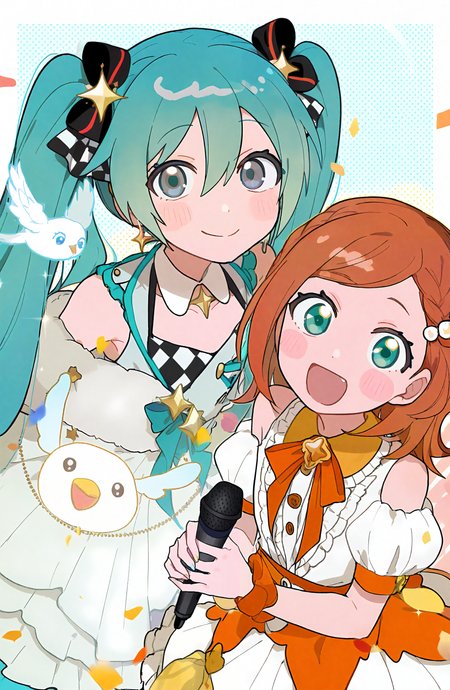 hatsune_miku, long_hair, looking_at_viewer, smile, open_mouth, multiple_girls, brown_hair, hair_ornament, dress, holding, ribbon, hair_between_eyes, closed_mouth, 2girls, jewelry, bare_shoulders, very_long_hair, twintails, braid, hair_ribbon, frills, sleeveless, puffy_sleeves, medium_hair, white_dress, star_\(symbol\), blurry, aqua_eyes, grey_eyes, neck_ribbon, black_ribbon, detached_collar, buttons, aqua_hair, swept_bangs, depth_of_field, blush_stickers, happy, feathers, polka_dot, wing_collar, microphone, light_blush, tareme, dot_nose, blurry_foreground, orange_bow, checkered_clothes, confetti, polka_dot_background, holding_microphone, halftone, orange_ribbon, checkered_bow, sparkle_hair_ornament