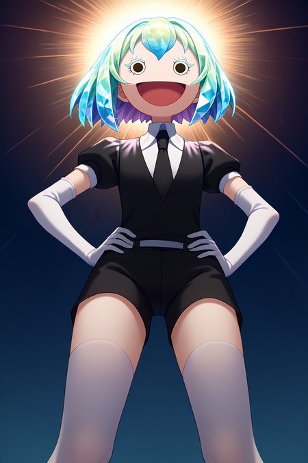 score_9, score_8_up, <lora:NSPikariFace:1> NSPikariFace, open mouth, smile, black eyes, big head, empty eyes,  <lora:Hoseki_HousekiNoKuni_Diamond_PDXL_v1:1> hskdmnd, crystal hair, colored eyelashes, multicolored hair, short hair, black shirt, puffy short sleeves, collared shirt, black necktie, elbow gloves, white gloves, black shorts, white thighhighs, hands on hips, from below