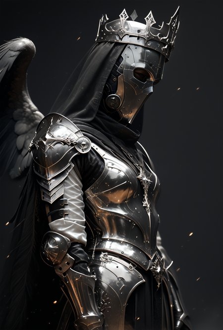 (score_9, score_8_up), score_7_up, 1girl, Highly detailed RAW color Photo, dress, crown, helmet, side view, holding, weapon, greyscale, indoors, cape, armor, helmet, shoulder armor, gauntlets, pauldrons, mask, dark, hood, full armor, helm, wings, feathered wings, simple background, grey background, gorgeous details, depth perception, backlighting, photorealistic, robot, helm, breathtaking scenery, shiny metallic texture, perfectly rendered reflections,
dark lighting, dof, depth of field, realistic, dark background, CINE, embers,
<lora:unholy-000009:0.8> <lora:CINE-000008:0.4><lora:- SDXL - vanta-black_contrast_V3.0:0.7>
<lora:sinfully_stylish_SDKL:0.5>  <lora:GwentStyle_v2:0.4>  <lora:xl_more_art-full_v1:0.4>