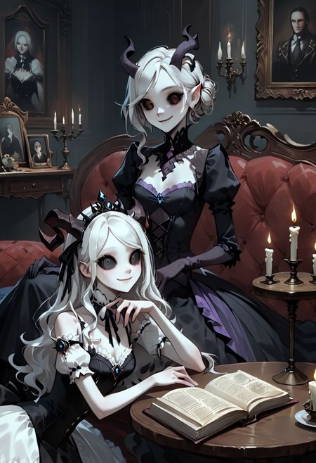 picture of skinny slim girl colored sclera black eyes cute smile pale white skin demon small horns ( black gradient arms:1) white hair elegant Victorian dress cleavage holding book "DARK MAGIC"   sitting on comfortable couch. Table with candle nearby.   <lora:WB2.2:0.8>