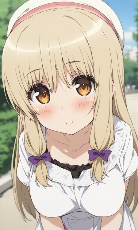 masterpiece, best quality, by ogipote, BREAK
solo, kujoufumi, big breasts, 
dress, white dress, casual, hat, 
looking at viewer, blush, happy, 
outdoors, 
<lora:KujouFumi_XL:1>