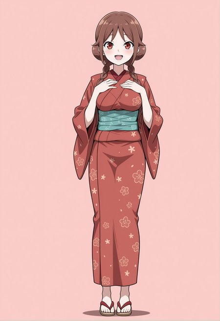 masterpiece,best quality,amazing quality, (aged up:1.2), anime coloring, flat colors,
<lora:NoobV065sHyperDmd:.5>,
 <lora:tachibana_yuzuki_meipaws:.9> 1girl, japanese clothes, red kimono, brown hair, pink background, full body, aqua sash, smile, hand on own chest, hair bun, open mouth, simple background, floral print, red eyes, standing, double bun, zouri, :d, looking at viewer, wide sleeves, print kimono, low twin braids, blush, long sleeves, alternate costume, hand up
