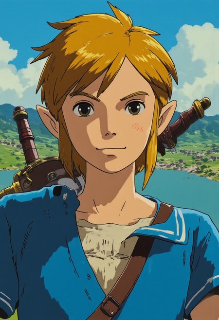 Vector art, uhd, 8k, 4k, epic, dramatic, Jujutsu kaisen manga, 4k quality, (Perfect hand:1.4), anime, (masterpiece), (detailed face), detailed,
Rendered in a style redolent of Impressionism, the painting utilizes a vibrant.
(Closeup:1.6) digital artwork of Link wearing a blue tunic. (He is looking at the viewer. A bright smile across his face:1.5). He has the master sword on his back. 
The background is a a small japanese style village in the distance. The overall mood is bright and vibrant.