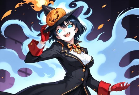 (masterpiece), (score_9, score_8_up, score_7_up,source_anime), 4K8K, 
(from side), misty, steam, fog, Floating Halloween pumpkins, 
halloween, halloween fantasy, (jakkRo), 
(pumpkinhead woman, Pumpkinhead:1.4), (solo), blue flame, burning pumpkin, (dark aura:1.4), (smirk, half-opened mouth, Canine, tooth, fang1.2), 
(medium figure:0.9), (pointy breasts:1.1), 
(shining eyes), 
(wearing black tuxedo, Miniature Hats, red gloves:1.2), 
(emperor's audience room, dark room:1.3),