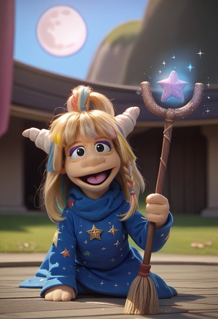 1girl, score_9, score_8_up, score_7_up BREAK Eureekaa, 1girl, blonde hair, multicolor hair streaks, ponytail, horns, black eyes, purple eyeshadow, long blue starry robe, blue star boots, smiling at viewer, full body, riding broom, magical sky outdoors, magic night background, magical broom, glittery moon staff, magic glitter powers,