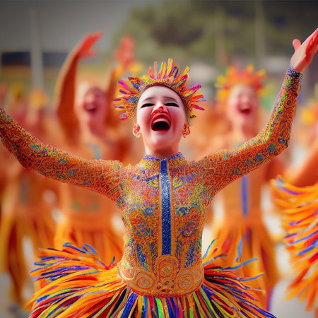 ((best quality)), ((masterpiece)), ((realistic)), close-up of joyful dancers, expressive faces, intricate costume details, vivid colors, capturing movement, (portrait photography:1.3), (emotional:1.2), (high-resolution:1.2)