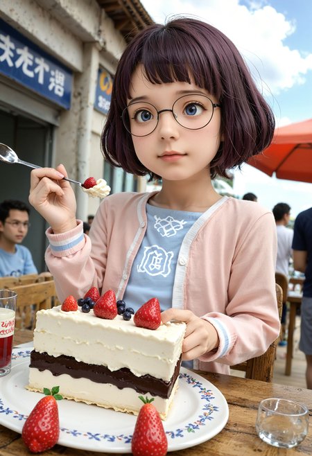 <lora:Hyper-SDXL-8steps-lora:1> <lora:Fixhands_anime_bdsqlsz_V1:1> zPDXL2, score_9, score_8_up, score_7_up, source_anime, intricate details, perfect anatomy BREAK
outdoors, beach, ocean, audience, crowd, upper body,  plate , cake slice, whipped cream, strawberry, holding spoon , table , looking down,from below , dutch angle, Skeptical, Raised eyebrows and a slightly pursed mouth., dynamic angle, 
1girl, solo, solo focus <lora:YW-misora_inaho_XL(pony)v10:1> YW-inaho, purple hair, bob cut, short hair, glasses, pink cardigan, blue shirt, white skirt, black leggings, yellow shoes,