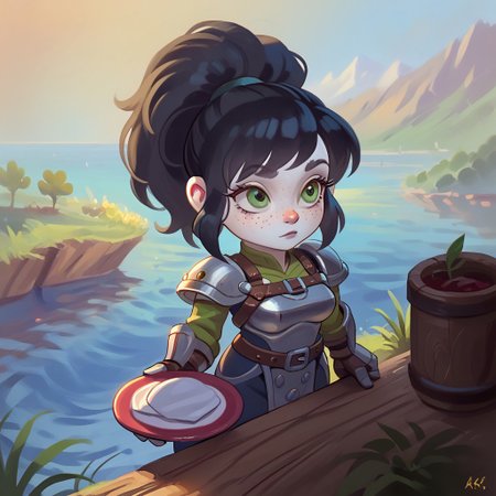 score_9, score_8_up, score_7_up, extremely detailed, gnome, short stature, shortstack, big eyes, big ears, 1 girl, short, pale skin, cute face, green eyes, freckles, short black hair, bangs, ponytail, athletic, large breasts, plate armor, intricate design, leather harness, gauntlets, pelvic drape, standing near a river looking into the distance, BKSTL