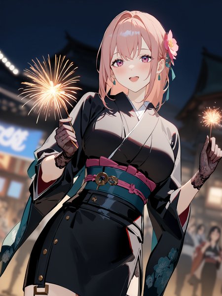 1girl, tsukishiro yanagi, solo, fur-trimmed kimono, lace gloves, hair flower, obi, sash, tabi, standing, cowboy shot, holding fireworks, smile, open mouth, night, outdoors, blurry background <lora:Char-ZZZ-Yanagi-SDXL-V1:0.9>, masterpiece, best quality, very aesthetic, ray tracing, newest, (hitenkei, askzy:0.5), [<lora:detailed_notrigger:0.95>::0.5]