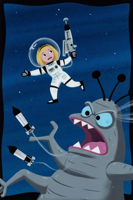 maryblair2 illlustration.
The image depicts a cartoon-style scene with a space-themed background. A female astronaut is shown mid-flight, wearing a white spacesuit with black accents and a helmet. She is holding a futuristic weapon, and her expression is one of determination. The background is a deep blue with scattered stars, giving the impression of outer space. In the foreground, there is a large, grey, mechanical creature with a menacing expression. It has a wide-open mouth, a prominent blue eye, and two antennae on its head. The creature appears to be attacking or confronting the astronaut. Additionally, there are two black and white darts or projectiles in the lower left corner, which seem to be part of the scene's action. The overall style of the image is whimsical and cartoonish, with exaggerated features and vibrant colors. The scene suggests a dynamic and action-packed moment, likely from a story or animation. 
 <lora:maryblair3_cap_d6a3e9:1.0><lora:855890588262745034:0>