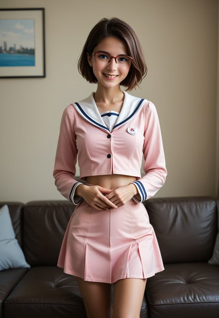 safe_pos, score_9,score_8_up,score_7_up,best quality, 4k, rating_safe, very aesthetic, 1girl, kousaka chinaBB, short hair, pink dress, pink skirt, long sleeves, white sailor collar, hand on stomach, seductive smile, on sofa, solo focus, abdomen, peeping, realistic, photorealistic, photograph, photography, cinematic, highly detailed, y0uthful, stvmccrr style, Freckles