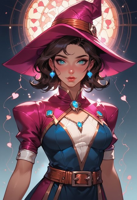 score_9, score_8_up, score_7_up, ((face focus, eye focus, dynamic angle, motion)), 1girl, fantasy, Tarot Card Style, witchkiri, sexy witch costume, witch hat, lace, cape, breathless intimacy, tanned skin, petite model bombshell, heart, young, delicate features, narrow pointy nose, tiny nose, brown hair, medium length hair, bob cut, lust, big eyes, seductive eyes, blue eyes, detailed skin, flared lashes, mascara, makeup, perky medium breasts, athletic body, narrow waist, skinny hips,
warm light, detailed, neon dark party
 BREAK
milky way, runes, arcane, astral, surreal, ethereal glow, masterpiece, best quality, intricate design. colorful, moonlit nightsky, stained glass aesthetic, moody whimsical color palette, murano glass, bold soldering lines, volumetric light shining through, crepuscular rays, intricate craftsmanship, detailed texture, luminous transparency, reflective light play, vivid hues, atmospheric depth, enchanting silhouette, art nouveau,