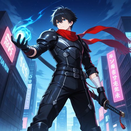 score_9, score_8_up, score_7_up, score_6_up, highly detailed, masterpiece, best quality, detailed, intricate details, amazing quality, best aesthetic, absurdres, source_anime, male focus, 1boy, red scarf, bodysuit, shoulder armor, armor, legs apart, fishnets  belt, tassel, sheathed, katana, bandaged arm, black hair, blue eyes, male focus, yellow scarf, tattoo, short hair, magic, wind and lighting magic, skyscraper, neon light, starry, edge, tile, outdoor, cloud, masterpiece, best quality, ultra-detailed, illustration, an extremely delicate and beautiful, beautiful detailed eyes,unity 8k wallpaper, high resolution, anime CG, official_art,