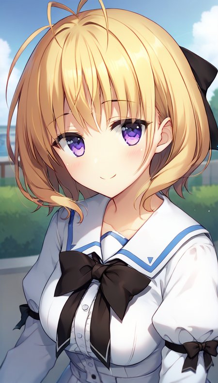 score_9,score_8_up,score_7_up,score_6_up BREAK official art,solo,outdoors,upper body,(portrait:1.5),looking at viewer,facing viewer,smile,blush,Aki Kanoko,antenna hair,short hair,blonde hair,hair bow,black bow,purple eyes,bangs,school uniform,black ribbon,white shirt,long sleeves,puffy detached sleeves,white skirt,frilled skirt,white socks,loafers,<lora:Aki Kanoko(pa)-Pony:1.4>,
