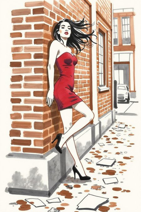 watercolor illustration. 
A woman leaning against a brick wall, set in an urban environment. She has long black hair flowing loosely and wears a short, strapless red dress that clings to her figure, emphasizing a sense of motion and sensuality. Her pose is dramatic, with her arms stretched against the wall and her head tilted slightly back, exuding a sense of vulnerability and allure. She is wearing black high-heeled shoes, and the ground below features scattered papers and debris, adding a gritty urban atmosphere. The brick wall and stone base provide a textured backdrop with warm tones, contrasting with the bold red of her dress.  <lora:minink1_cap_d6a3e12:1.0><lora:825125816993237967:0>