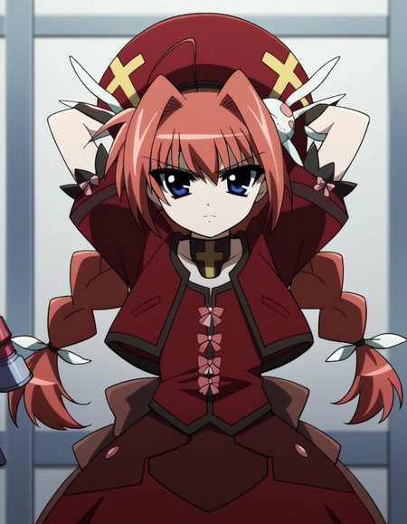 score_9, score_8_up, score_7_up, source_anime, <lora:vita-movie2-ponyxl-lora-nochekaiser:1>, vita, blue eyes, braid, ahoge, red hair, twin braids, rabbit hair ornament,, gloves, hat, dress, weapon, open clothes, open jacket, magical girl, red dress, cropped jacket, hammer,, hospital room, bedside, get well flowers, comforting, quiet, , looking at viewer, hands behind head,, solo,, dutch angle,