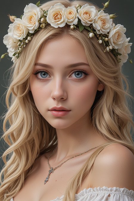 (best quality, 4k, 8k, high-res, masterpiece:1.2), ultra-detailed, (realistic, photorealistic, photo-realistic:1.37), hyper realistic, 1girl, long hair, looking at viewer, realistic proportions, blue eyes, hair ornament, dress, very long hair, flower, blonde hair, parted lips, necklace, white dress, blonde hair, lips, blurry background, realistic, head wreath, rose flower, realistic portrait