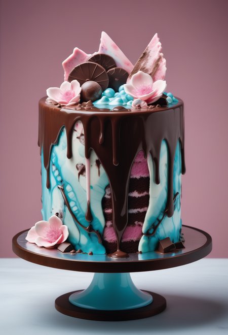 a cake with melted chocolate, pink mist, detailed by reij-lmlrmr  <lora:lumilarimar-000003:0.9>