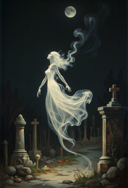 Frank Frazetta fantasy oil painting of an ethereal otherworldly specter made_of_smoke, wearing sheer transparent flowing dress, floating through a midnight ancient graveyard, translucent body, decaying