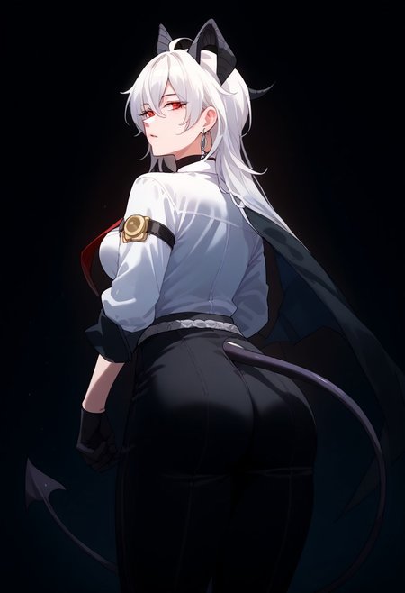 score_9, score_8_up, score_7_up, source_anime, 
wrnchwuwazani, horns, hair between eyes, red eyes, long hair, large breasts, white hair, demon horns, ahoge, 
demon tail, 
collared shirt, white shirt, red necktie, long sleeves, black gloves, earrings, jewelry, black choker, black pants, belt, shirt tucked in, button gap
shy, rear view,  Expressiveh