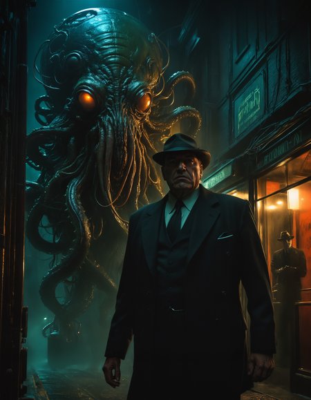 by Antonio J. Manzanedo and lovecraftian, hyper realistic medium full shot photo of  a (film noir style mysterious movie still:1.1),  (strong , nebulous , masterful:1.4), poster art, bold lines, hyper detailed, award winning,  dark limited color palette, high contrast, depth of field, (intricate details, masterpiece, best quality:1.4)
back lighting,  looking at viewer, dynamic pose, wide angle panoramic view,
<lora:add-detail-xl:0.5> <lora:xl_more_art-full_v1:0.5> <lora:looking_at_viewer:2>