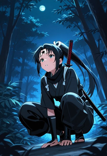 masterpiece, best quality, high quality, high details, source_anime, score_9, score_8_up, score_7_up, extremely detailed,
1girl, crouching ninja, hiding under thick tree branches, surrounded by dense jungle foliage, partially obscured face, black stealth outfit, katana on back, focused expression, sweat on forehead, silent and still, ambient jungle, kneeling, looking forward, 
Night time, moon shine, low angle, cinematic light, dark theme,