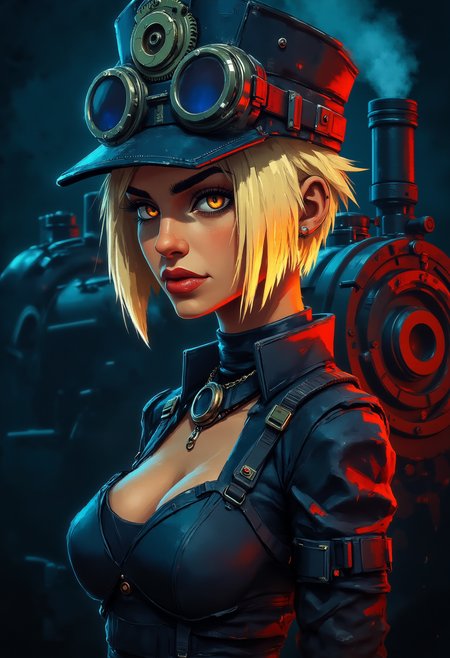 pst009, A beautiful woman is depicted in a steampunk style, wearing a hat with gears and goggles on her head. Her hair is golden-blonde and cut in a pixie style and a steam engine is visible behind her