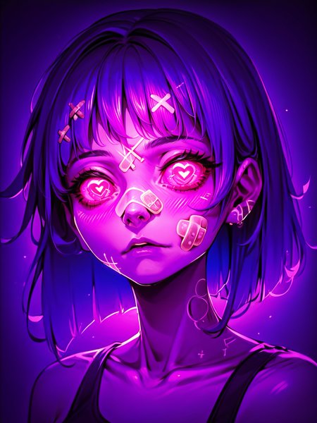 score_9, score_8_up, score_7_up, score_6_up, score_5_up,  <lora:neonXLP:1> neon, 1girl, solo, looking at viewer, bandaid, bandaid on face, symbol-shaped pupils, purple theme, heart, bandaid on nose, bangs, pink eyes, heart-shaped pupils, portrait