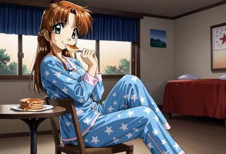 detailed background, shiny skin, rating safe, <lora:komirin.pony:1.0>, komirin, seina, solo, looking at viewer, smile, medium breasts, blue pajamas, star print, sitting, on chair, indoors, table, eating breakfast, pancakes, dining room